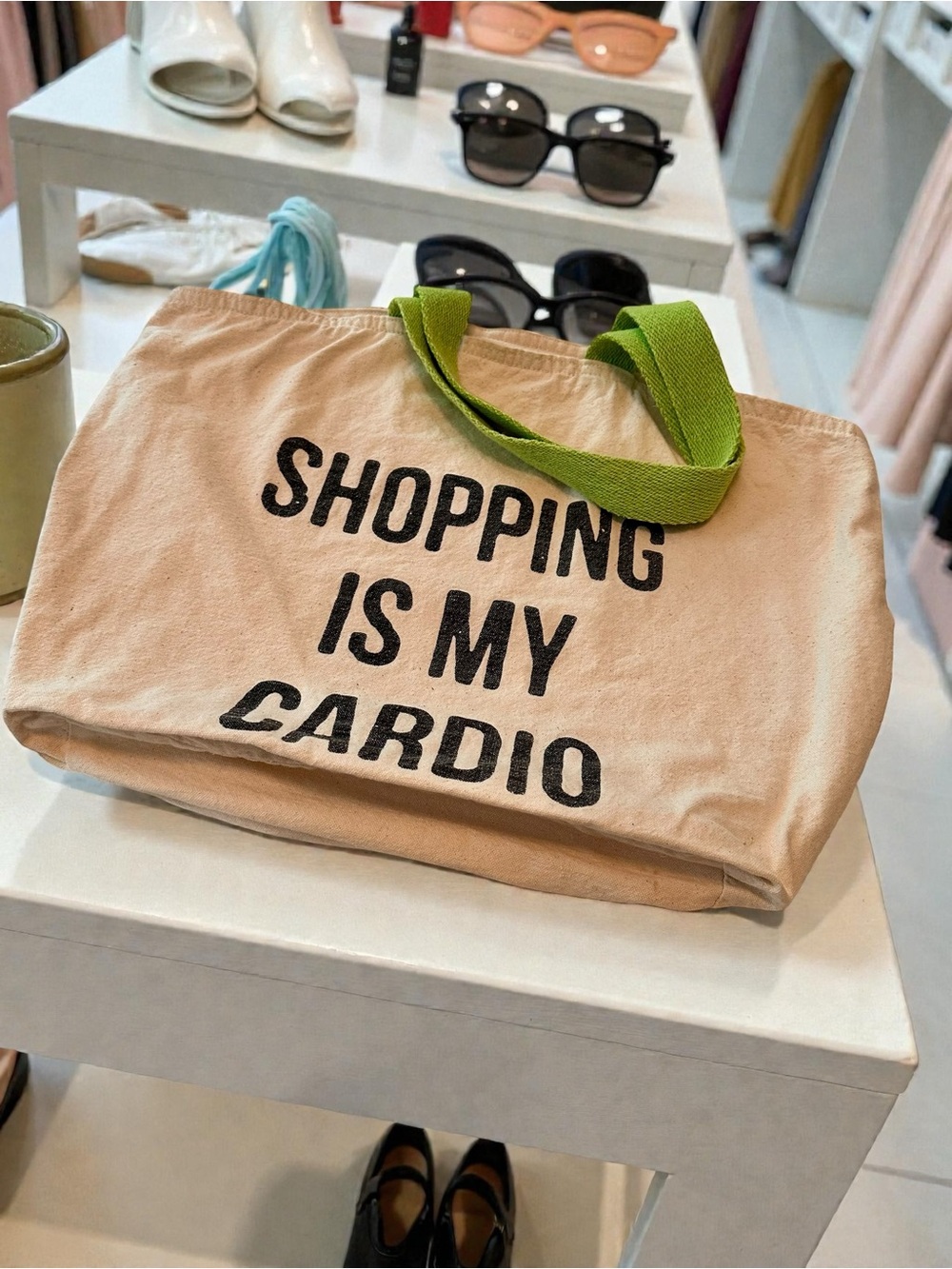 Canvas Tote Bag - 'Shopping Is My Cardio' in Beige with Green Handles